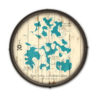 Bass, Long, and Buteau Lakes, Wisconsin on a Barrel End Barrel End Wall Art Lake Art