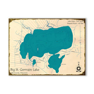 Big St. Germain Lake, Wisconsin - Wood & Metal Wall Art Wood & Metal Wall Art Lake Art Metal 23" x 17"