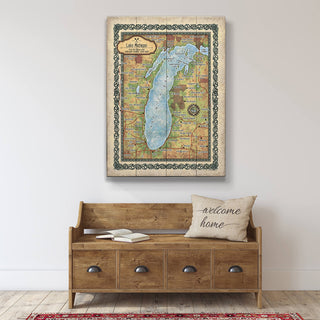 Lake Michigan: Illustrated Map - Wood & Metal Wall Art Wood & Metal Wall Art Lisa Middleton