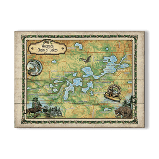 Waupaca Chain of Lakes, Wisconsin: Illustrated Map - Wood & Metal Wall Art Wood & Metal Wall Art Lisa Middleton Wood 23" x 17"