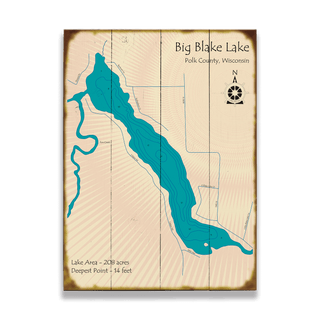 Big Blake Lake, Wisconsin - Wood & Metal Wall Art Wood & Metal Wall Art Lake Art Wood 17" x 23"