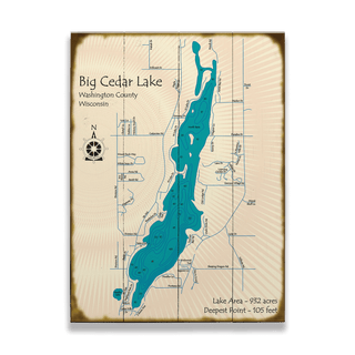 Big Cedar Lake, Wisconsin - Wood & Metal Wall Art Wood & Metal Wall Art Lake Art Wood 17" x 23"