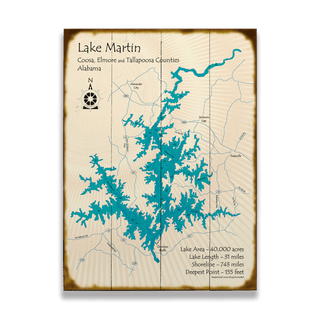 Lake Martin, Alabama - Wood & Metal Wall Art Wood & Metal Wall Art Lake Art Wood 17" x 23"
