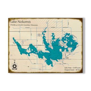 Lake Nokomis, Wisconsin - Wood & Metal Wall Art Wood & Metal Wall Art Lake Art Wood 23" x 17"