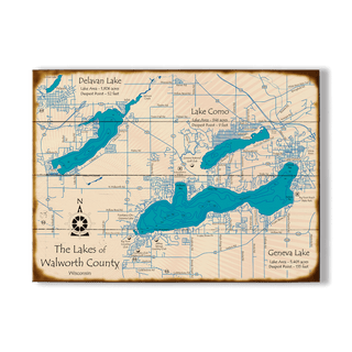The Lakes of Walworth County, Wisconsin - Wood & Metal Wall Art Wood & Metal Wall Art Lake Art Wood 17" x 23"