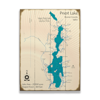 Priest Lake, Idaho - Wood & Metal Wall Art Wood & Metal Wall Art Lake Art Wood 17" x 23"