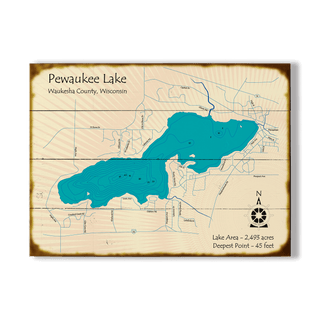 Pewaukee Lake, Wisconsin - Wood & Metal Wall Art Wood & Metal Wall Art Lake Art Wood 23" x 17"