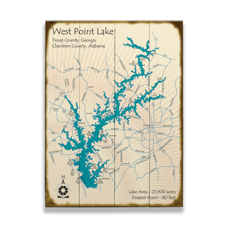 West Point Lake, Georgia/Alabama - Wood & Metal Wall Art Wood & Metal Wall Art Lake Art Wood 17" x 23"