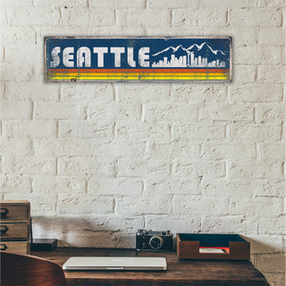 Seattle Mountain Skyline & Stripes: Blue Sunset - Wood & Metal Wall Art