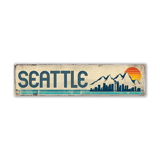 Seattle Mountain Skyline & Stripes: White and Blue Sunset - Wood & Metal Wall Art