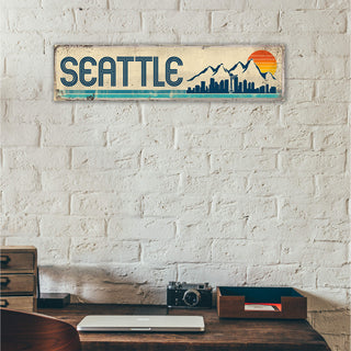 Seattle Mountain Skyline & Stripes: White and Blue Sunset - Wood & Metal Wall Art