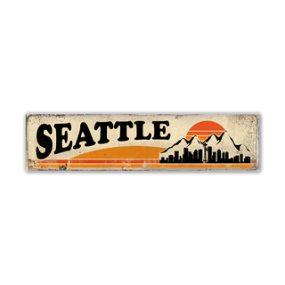 Seattle Mountain Skyline & Stripes: White and Orange Sunset - Wood & Metal Wall Art