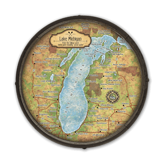Lake Michigan: Illustrated Map - Barrel End Wall Art Barrel End Wall Art Lisa Middleton