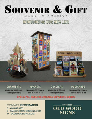 Advertisement for Old Wood Signs' souvenir and gift products including ornaments, magnets, coasters, and postcards.