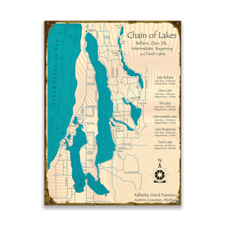 Chain of Lakes in Kalkaska, Grand Traverse, and Antrim Counties, Michigan- Wood & Metal Wall Art Wood & Metal Wall Art Lake Art Metal 9" x 12"