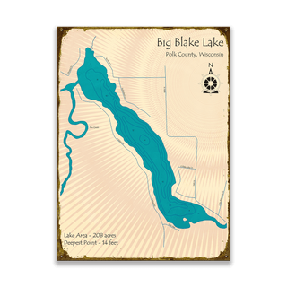Big Blake Lake, Wisconsin - Wood & Metal Wall Art Wood & Metal Wall Art Lake Art Metal 17" x 23"