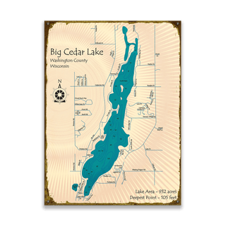 Big Cedar Lake, Wisconsin - Wood & Metal Wall Art Wood & Metal Wall Art Lake Art Metal 17" x 23"