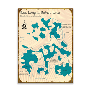 Bass, Long, and Buteau Lakes, Wisconsin - Wood & Metal Wall Art Wood & Metal Wall Art Lake Art Metal 17" x 23"