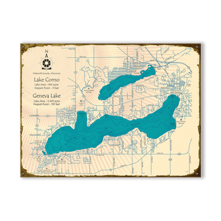 Lake Como and Lake Geneva, Wisconsin - Wood & Metal Wall Art Wood & Metal Wall Art Lake Art Metal 9" x 12"