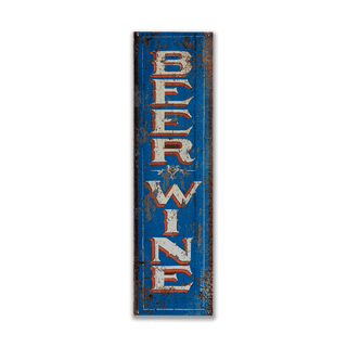 Vintage Beer & Wine Sign: Blue - Wood & Metal Wall Art Wood & Metal Wall Art Marty Mummert Studio Metal 10.5" x 36"
