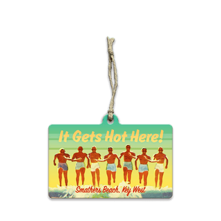 It Gets Hot Here! Vintage Beach Sign - Souvenirs & Gifts Souvenirs & Gifts Meissenburg Designs Wood Ornament (Pack of 12) 4" x 2.4"