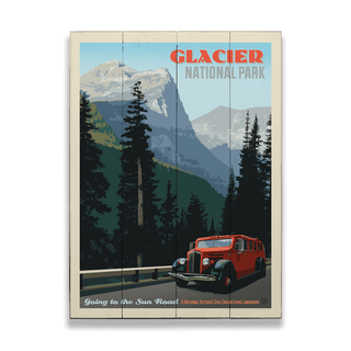 Red Jammer Bus at Glacier National Park - Wood & Metal Wall Art Wood & Metal Wall Art Anderson Design Group