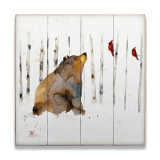 Sitting Bear and Cardinals - Wood & Metal Wall Art Wood & Metal Wall Art Dean Crouser Wood 10.5" x 10.5"