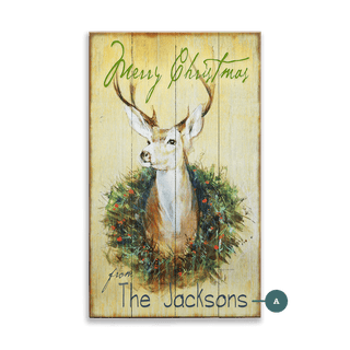 Holiday Buck in Wreath: Personalized - Wood & Metal Wall Art Wood & Metal Wall Art Marilynn Dwyer Mason Wood 14" x 24"