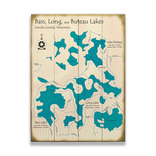 Bass, Long, and Buteau Lakes, Wisconsin - Wood & Metal Wall Art Wood & Metal Wall Art Lake Art Wood 17" x 23"