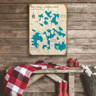 Bass, Long, and Buteau Lakes, Wisconsin - Wood & Metal Wall Art Wood & Metal Wall Art Lake Art