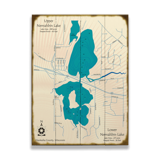 Upper and Lower Nemahbin Lake, WI - Wood & Metal Wall Art Wood & Metal Wall Art Lake Art Wood 9" x 12"