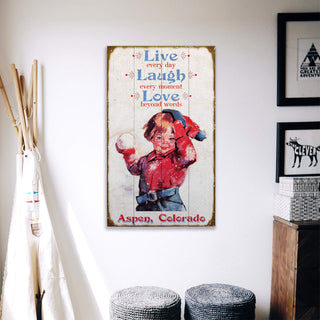 Live, Laugh, Love, Child with Snowball - Wood & Metal Wall Art Wood & Metal Wall Art Meissenburg Designs