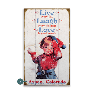 Live, Laugh, Love, Child with Snowball - Wood & Metal Wall Art Wood & Metal Wall Art Meissenburg Designs Wood 14" x 8"