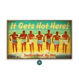 It Gets Hot Here! Vintage Beach Sign - Wood & Metal Wall Art Wood & Metal Wall Art Meissenburg Designs Wood 14" x 8"