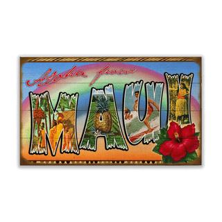 Hawaii State Postcard: Maui - Wood & Metal Wall Art Wood & Metal Wall Art Meissenburg Designs Wood 14" x 8"