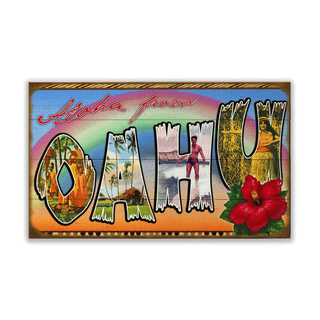 Hawaii State Postcard: Oahu - Wood & Metal Wall Art Wood & Metal Wall Art Meissenburg Designs Wood 14" x 8"