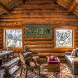 Cabin Welcome with Coordinates - Wood & Metal Wall Art Wood & Metal Wall Art Out West Design