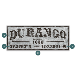 Durango Western Town Established & Coordinates - Wood & Metal Wall Art Wood & Metal Wall Art Out West Design Wood 16" x 7"