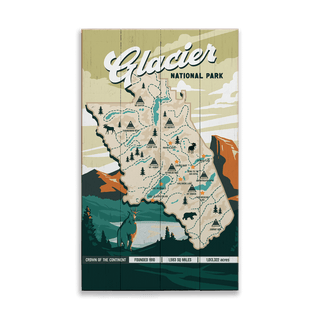 Glacier National Park Illustrated Map: Smooth Finish - Wood & Metal Wall Art Wood & Metal Wall Art Out West Design Wood 8" x 14"