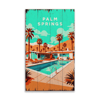 Palm Springs Pool Scene: Distressed Finish - Wood & Metal Wall Art Wood & Metal Wall Art Out West Design Wood 8" x 14"